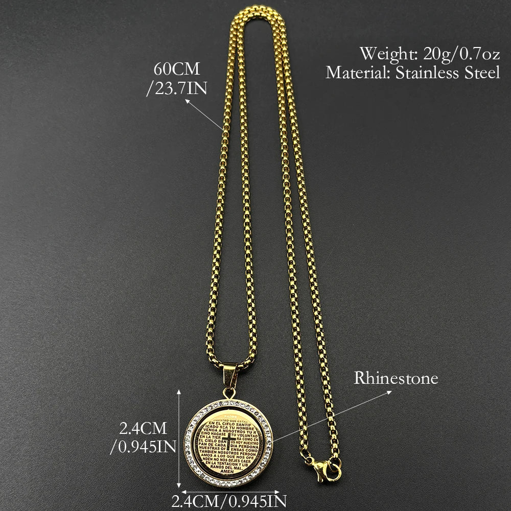 The Lord's Prayer God Jesus Cross Bible Spainsh Verse Necklace for