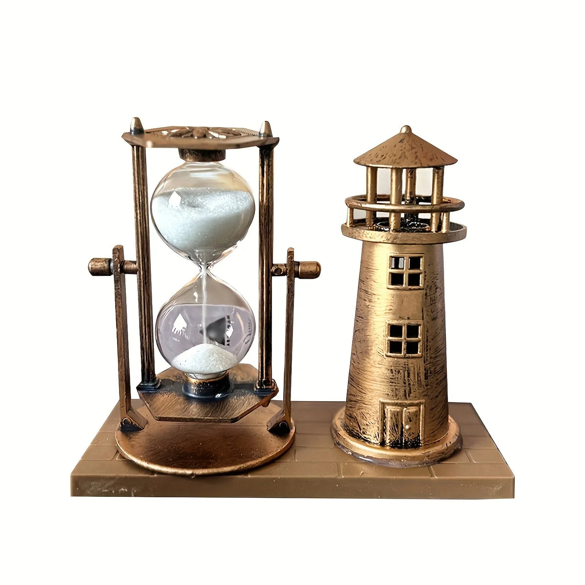 Vintage Bronze Lighthouse Hourglass Ornament — 3D Desktop Decor