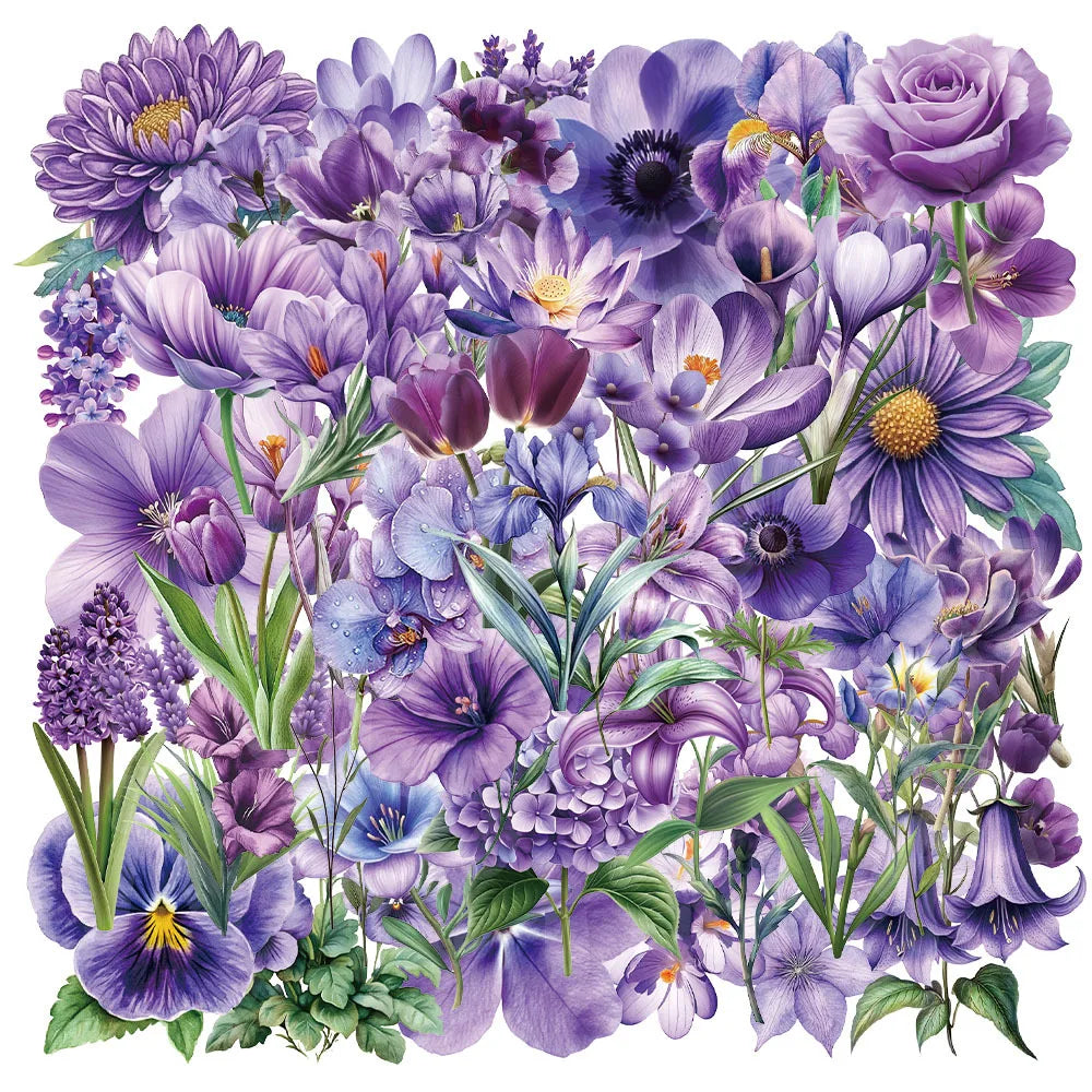 50Pcs Cartoon Purple Flower Sticker Packs Waterproof Transparent PET