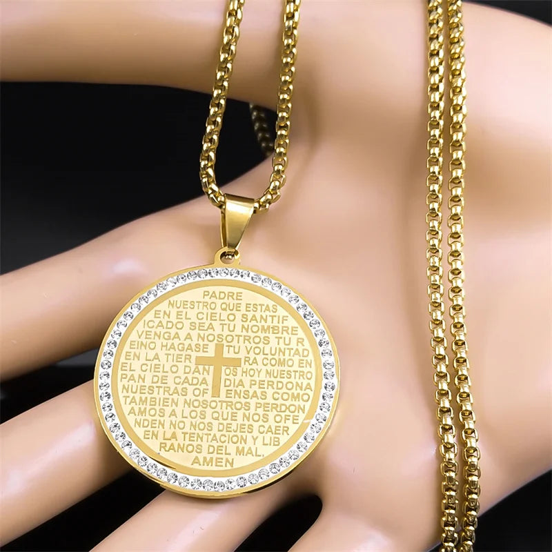 The Lord's Prayer God Cross Bible Spainsh Verse Ncklace for Women Men