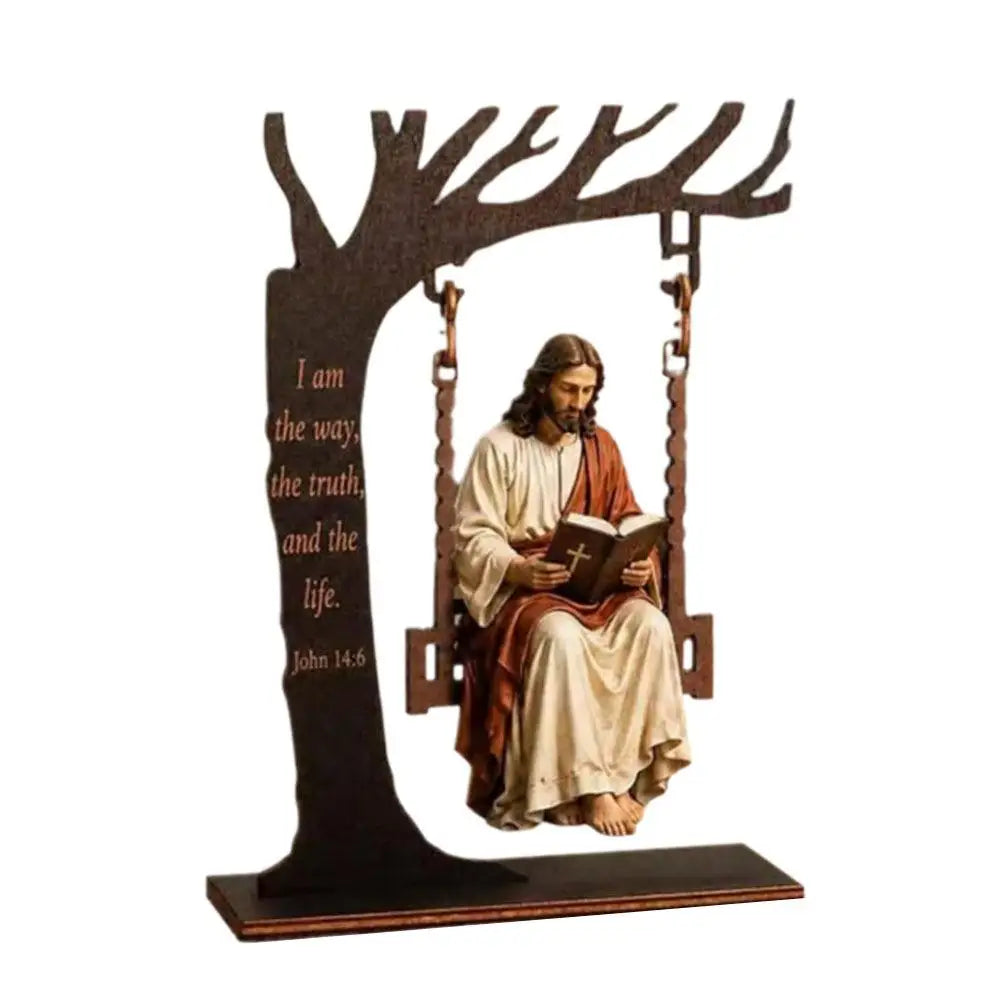 Christian Jesus Swing Tabletop Decoration Wooden Tree Frame With Bible