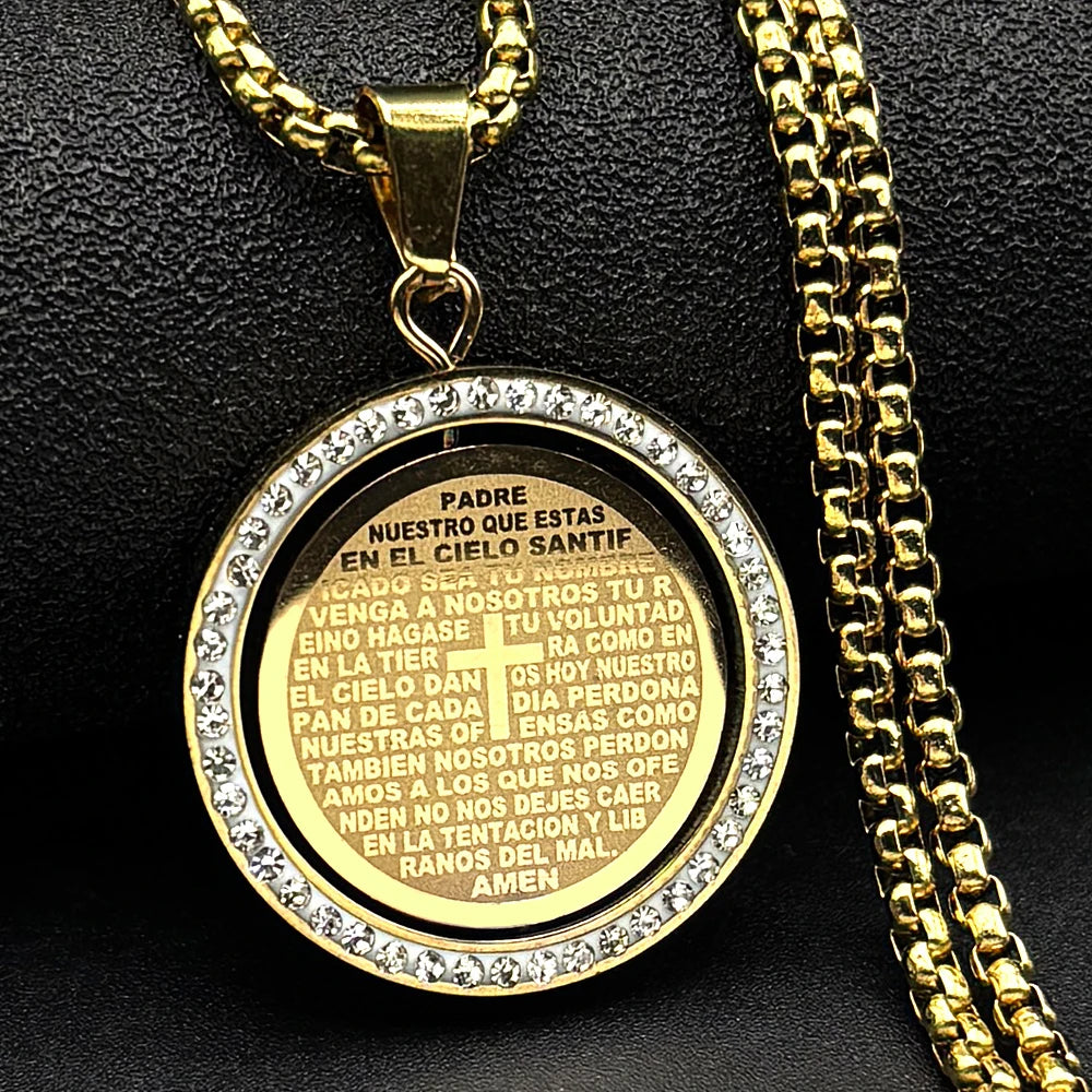 The Lord's Prayer God Jesus Cross Bible Spainsh Verse Necklace for