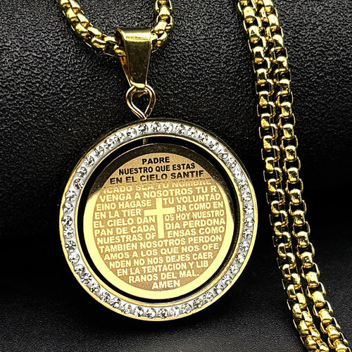 The Lord's Prayer God Jesus Cross Bible Spainsh Verse Necklace for