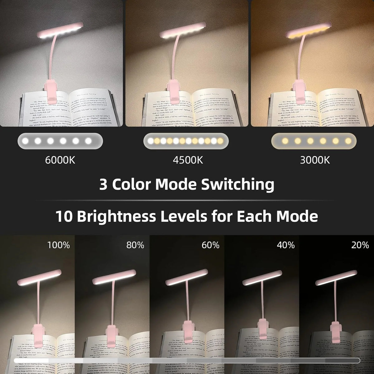 Reading Lamp Book Clamp Black/White/Pink USB Rechargeable Battery