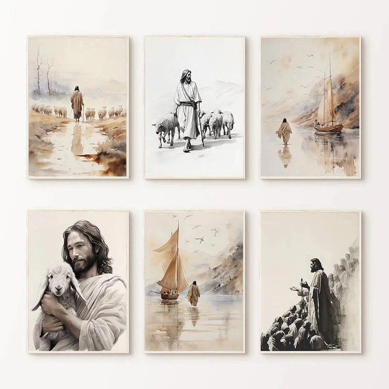 Jesus Walks on Water Christian Good Shepherd Art Poster Bible