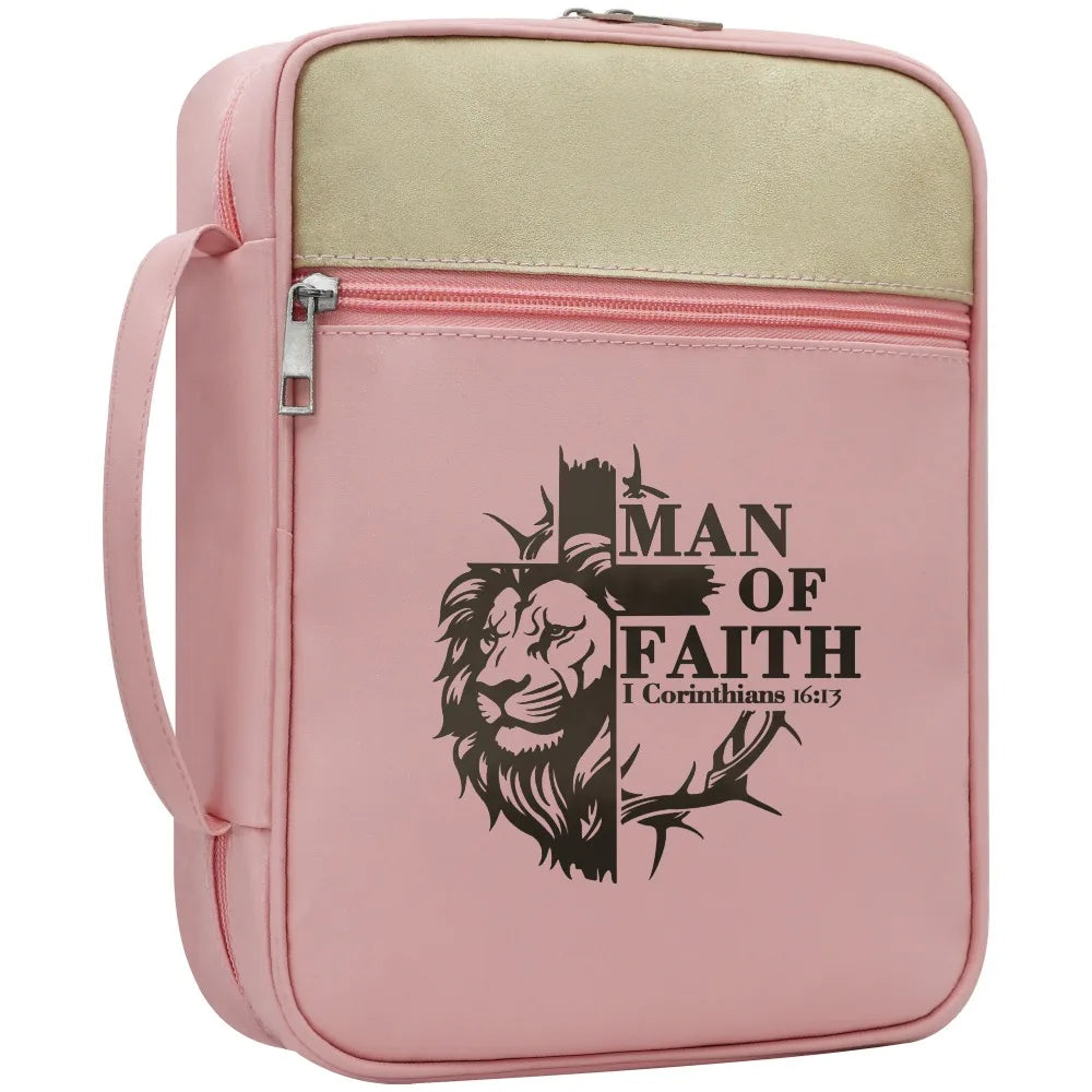 Bible Cover for Men with Handle, Man of Faith Lion Cross Print Zipper