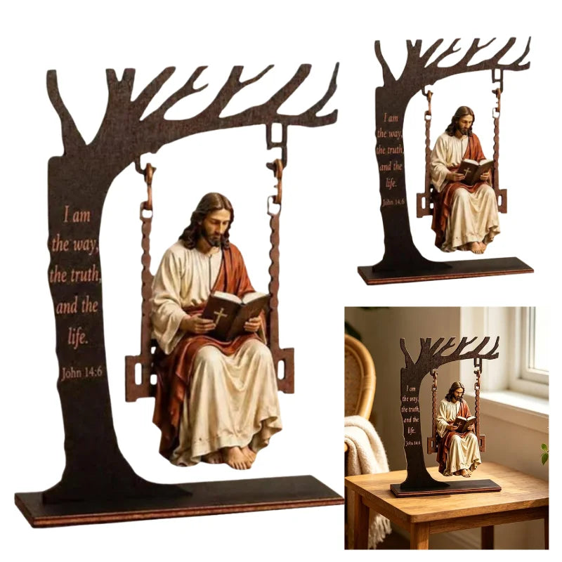 Christian Jesus Swing Tabletop Decoration Wooden Tree Frame With Bible