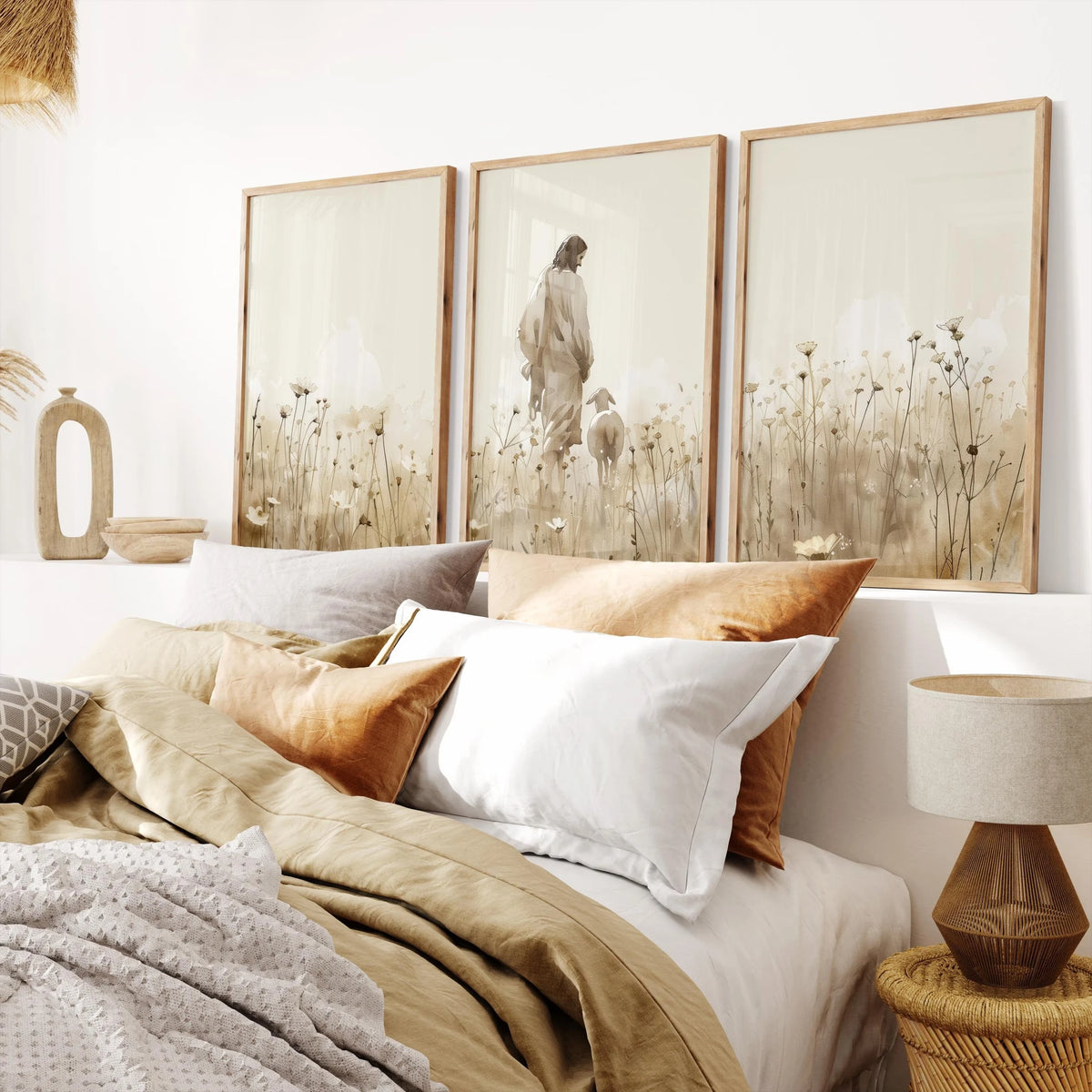 3pcs/set Jesus The Lost Sheep Wild Flower Field Canvas Print Beige