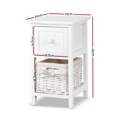 Artiss Claire Bedside Table | Set of 2 | White | Drawer + Wicker Basket