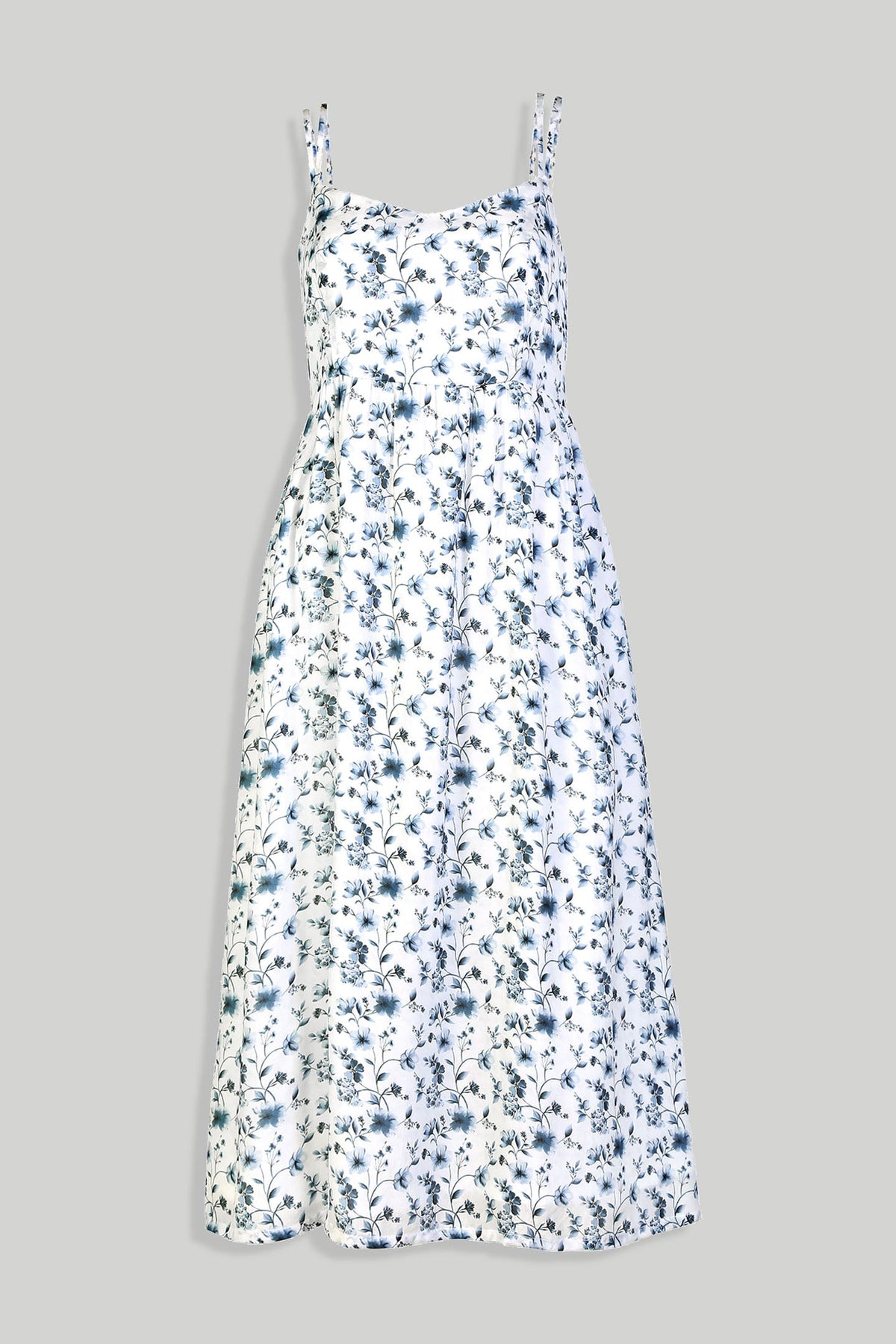 Strappy Gathered Blue Floral Midi Dress