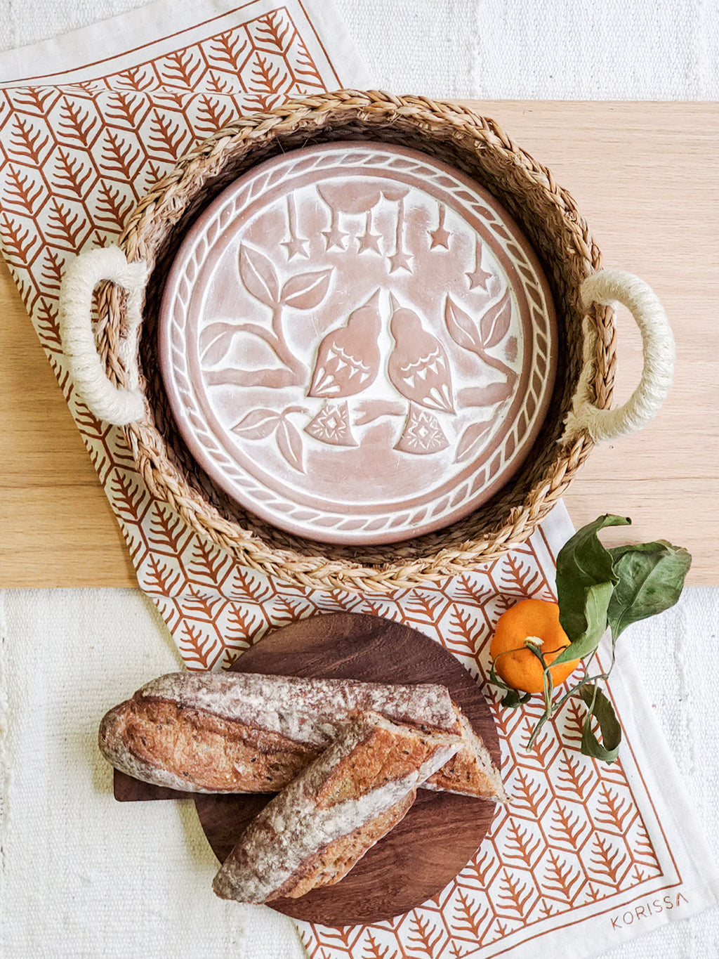 Terracotta Bread Warmer & Handwoven Seagrass Basket | Lovebirds Engraved | Handmade in Bangladesh | KORISSA