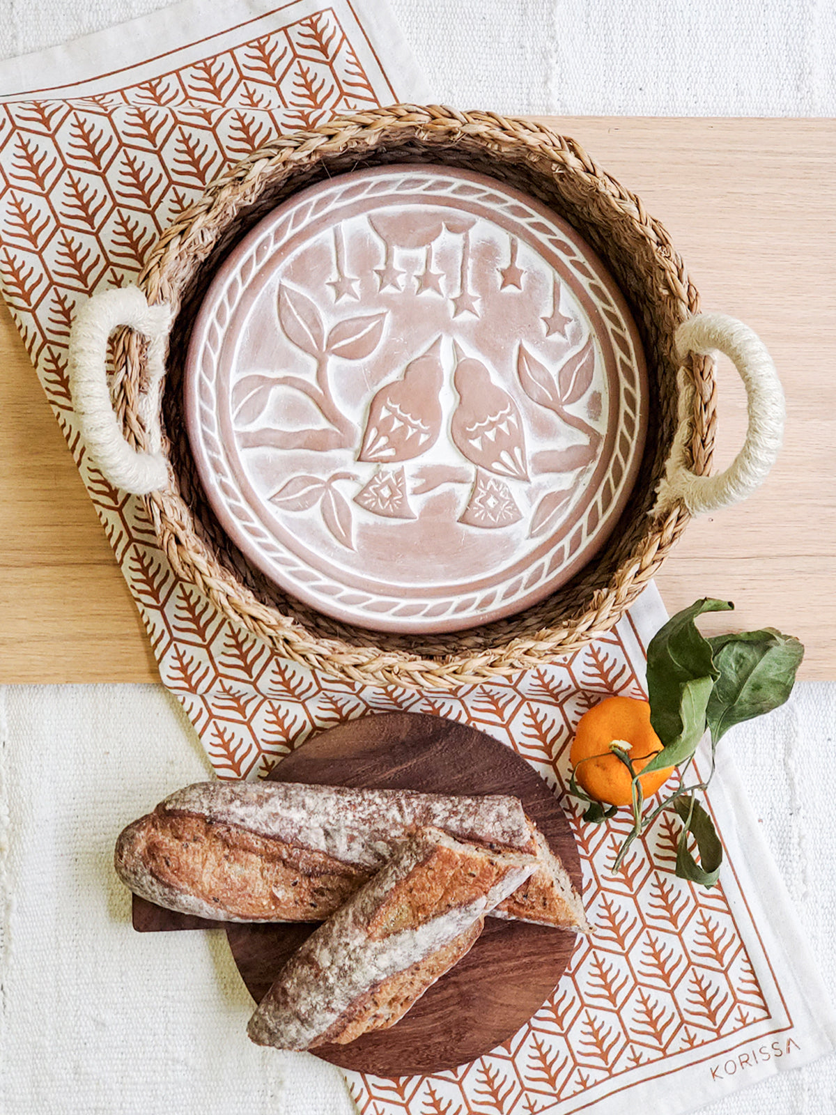 Terracotta Bread Warmer & Handwoven Seagrass Basket | Lovebirds Engraved | Handmade in Bangladesh | KORISSA