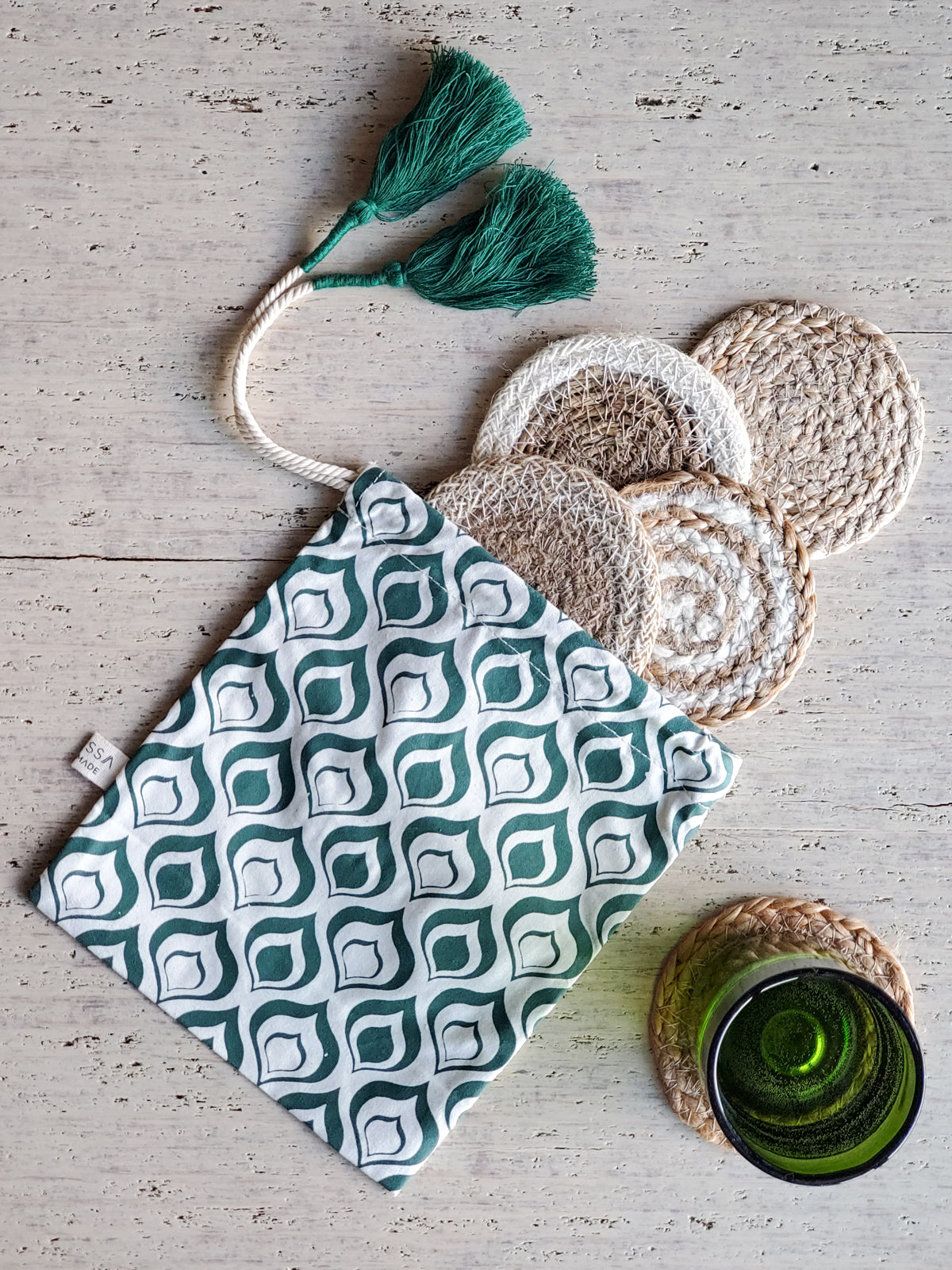 Natural Jute & Seagrass Coaster Gift Set | Set of 4 | Made in Bangladesh | With Drawstring Pouch | Korissa