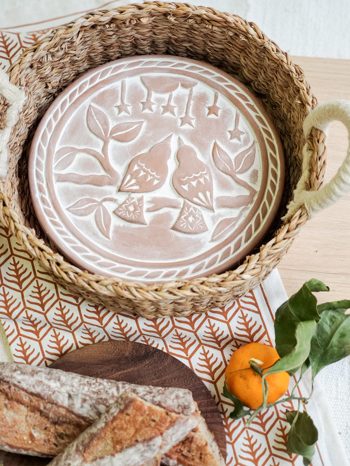 Terracotta Bread Warmer & Handwoven Seagrass Basket | Lovebirds Engraved | Handmade in Bangladesh | KORISSA