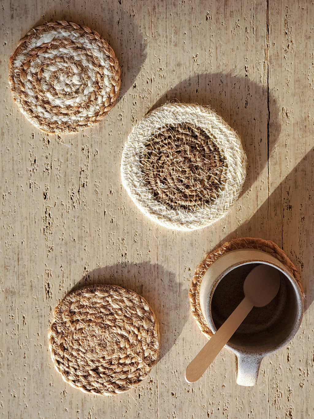 Natural Jute & Seagrass Coaster Gift Set | Set of 4 | Made in Bangladesh | With Drawstring Pouch | Korissa