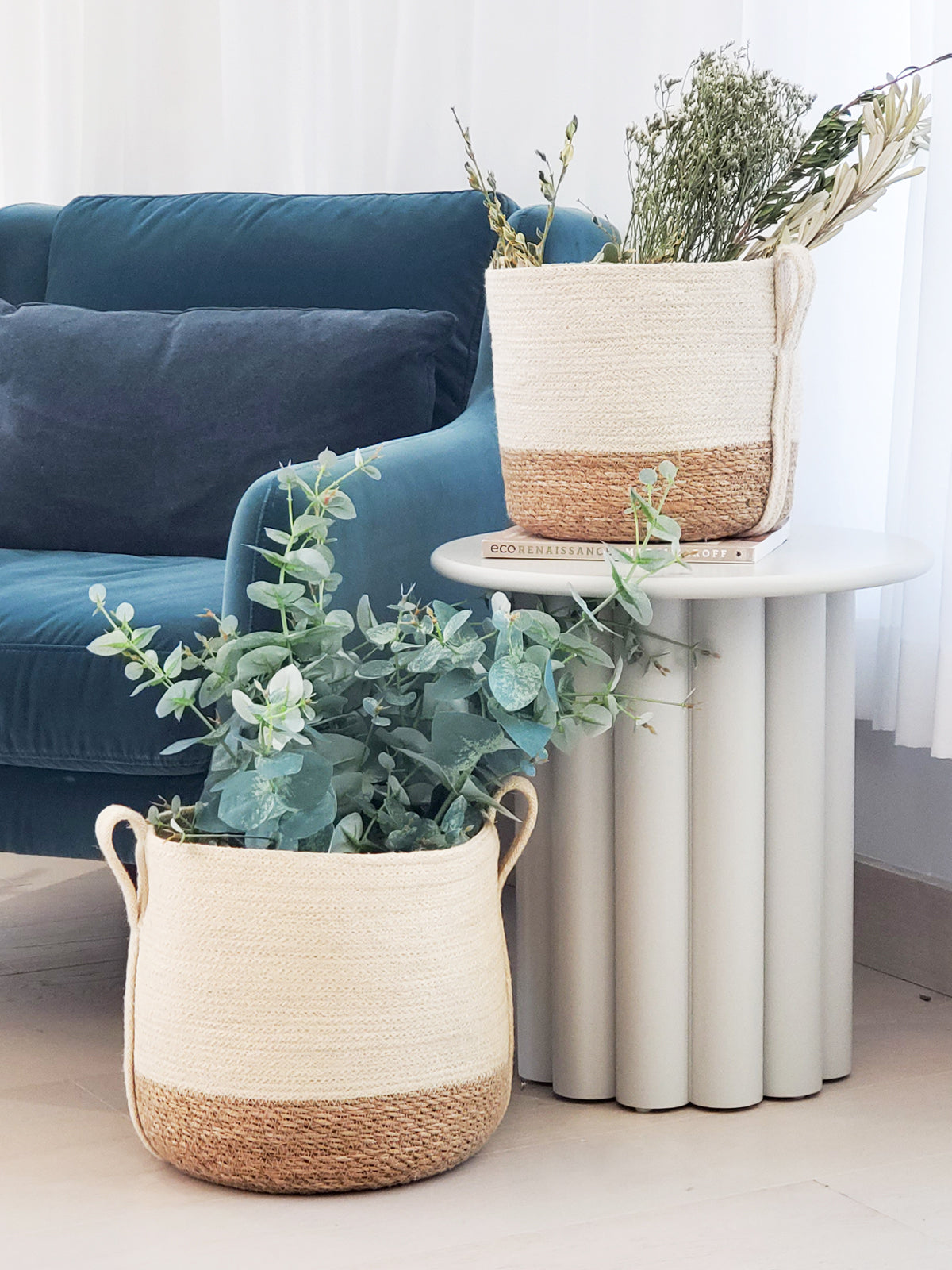 Handmade Jute & Seagrass Basket with Side Handle | Made in Bangladesh | Natural & White | Korissa