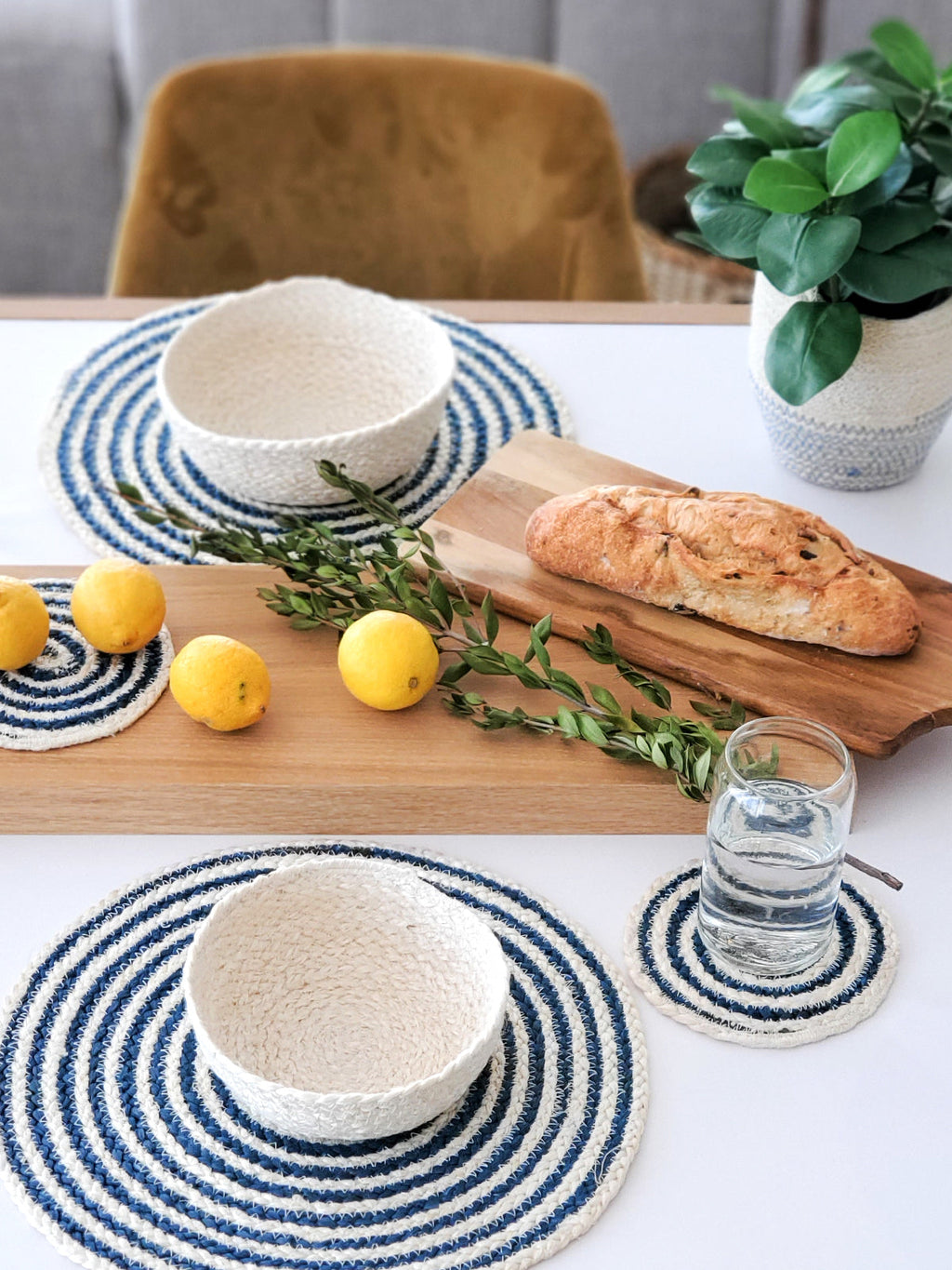 Kata Spiral Jute Placemat | Blue & White | Set of 4 | Handmade in Bangladesh | Korissa
