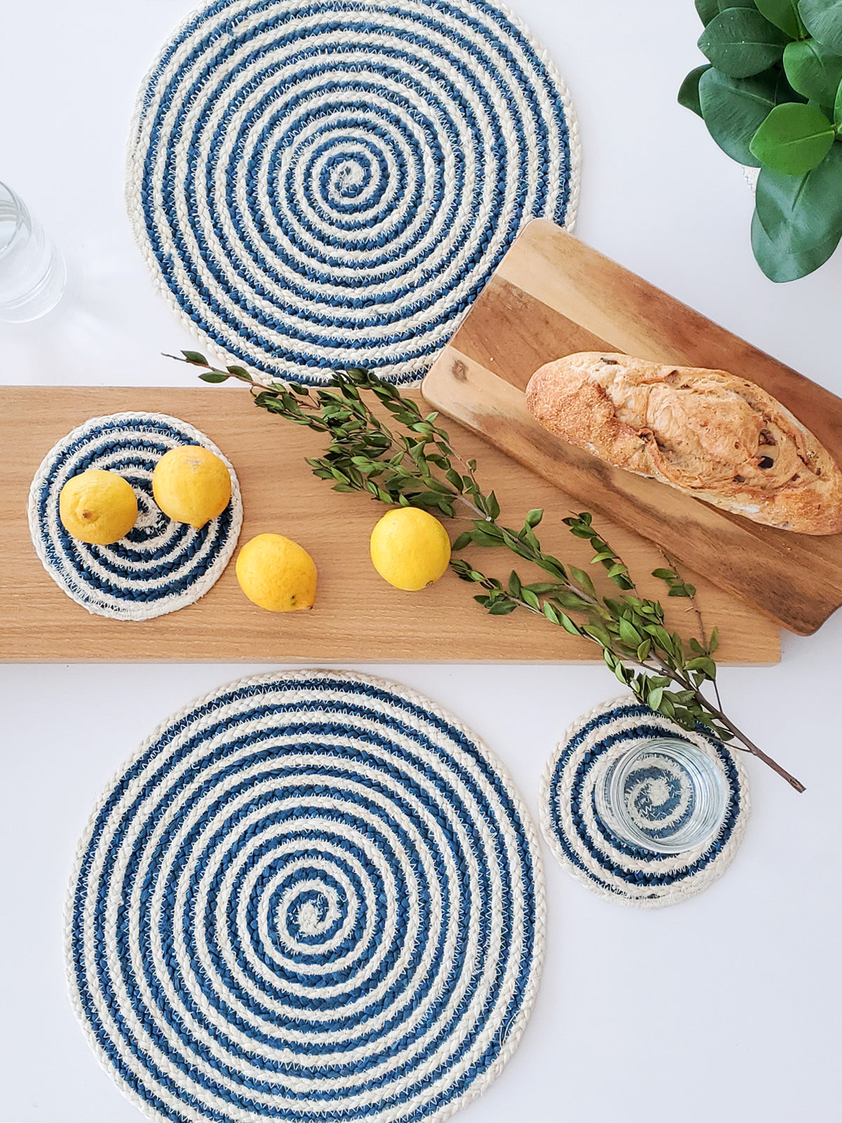 Kata Spiral Jute Placemat | Blue & White | Set of 4 | Handmade in Bangladesh | Korissa