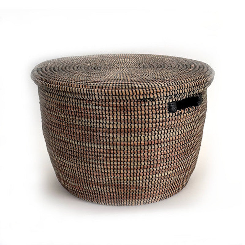 Black Flat Lid Floor Basket | Handwoven Millet Grass | Wolof Artisans | Senegal | Mbare by Powered by People