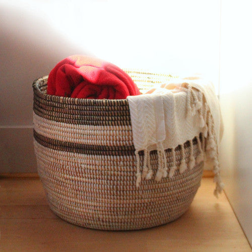 Black & White Stripe Basket | Large | Handwoven in Senegal | Millet Grass