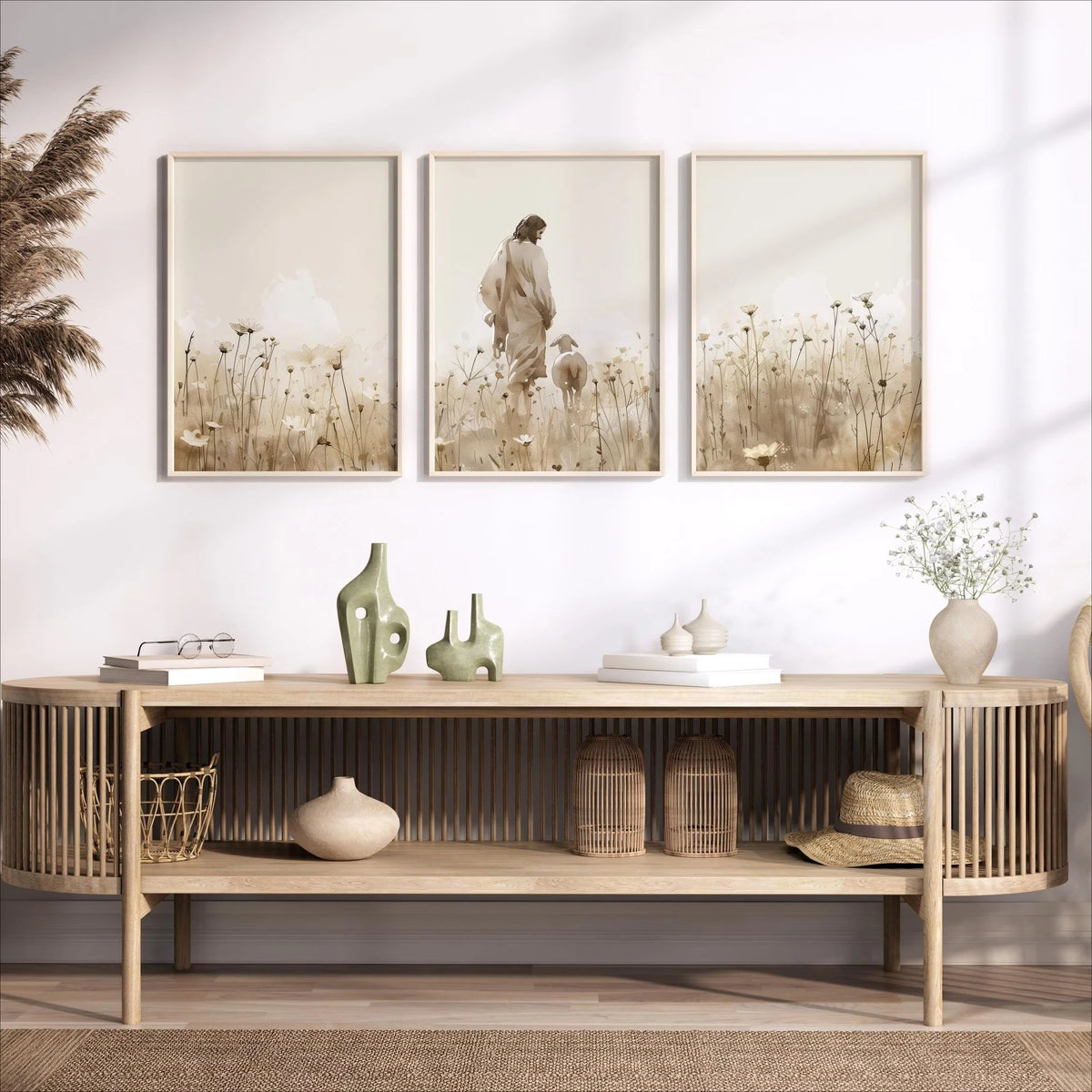 3pcs/set Jesus The Lost Sheep Wild Flower Field Canvas Print Beige