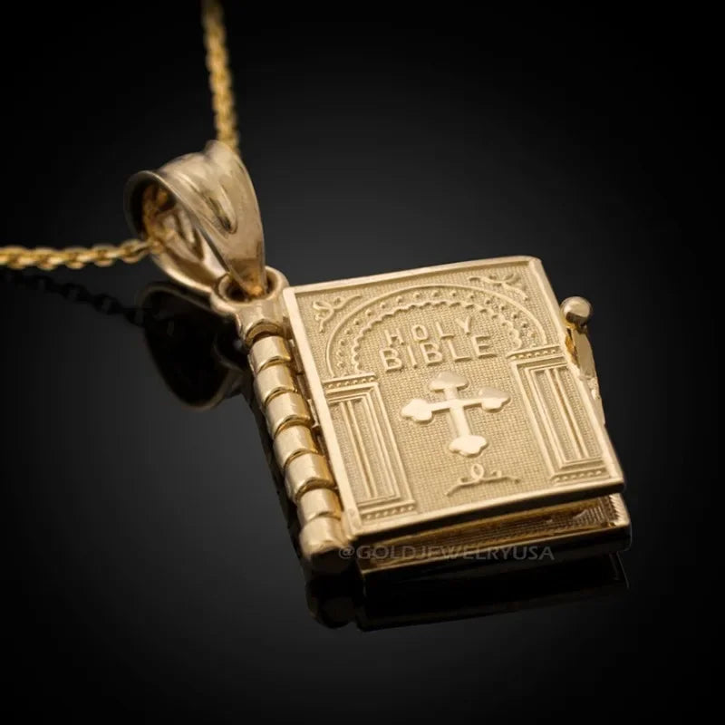 Religion Women Necklace Gold Color Openable Holy Bible Book Pendant