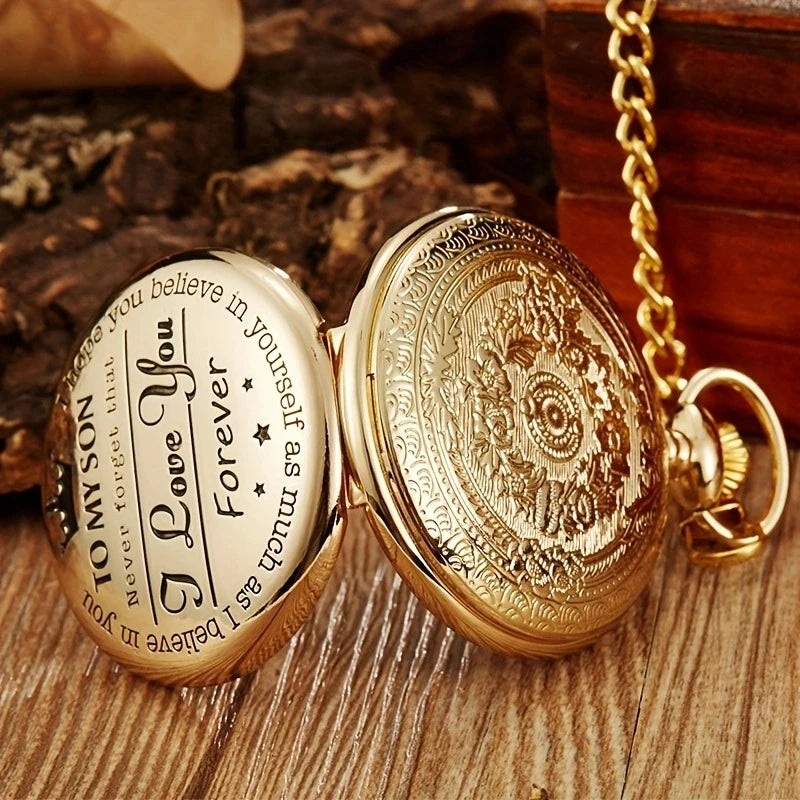 Commemorative gold circular pocket watch as my son's birthday gift