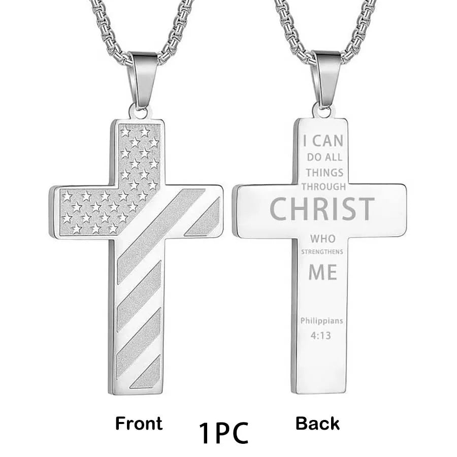 304L Stainless Steel USA Flag Cross Necklace for Men Women Bible Verse