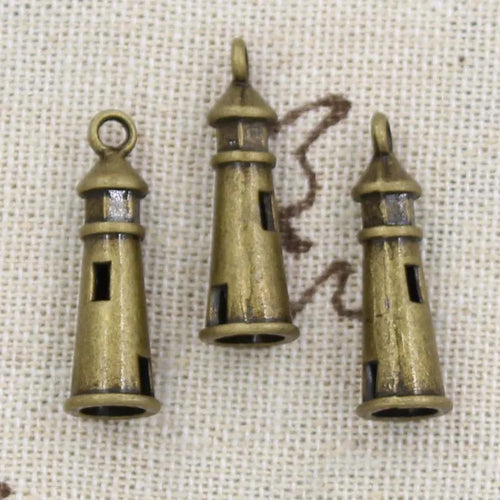 Hollow Lighthouse Charm Pendants — Set of 12, Antique Finish