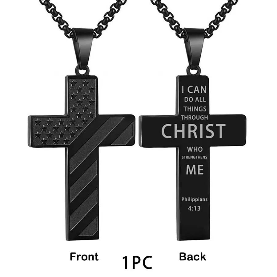 304L Stainless Steel USA Flag Cross Necklace for Men Women Bible Verse