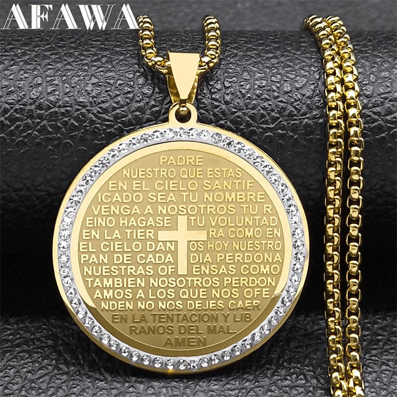 The Lord's Prayer God Cross Bible Spainsh Verse Ncklace for Women Men