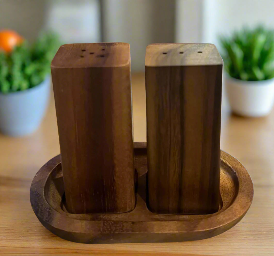 Acacia Wood Salt & Pepper Shakers with Wood Base | Handcrafted | Kalmar Home