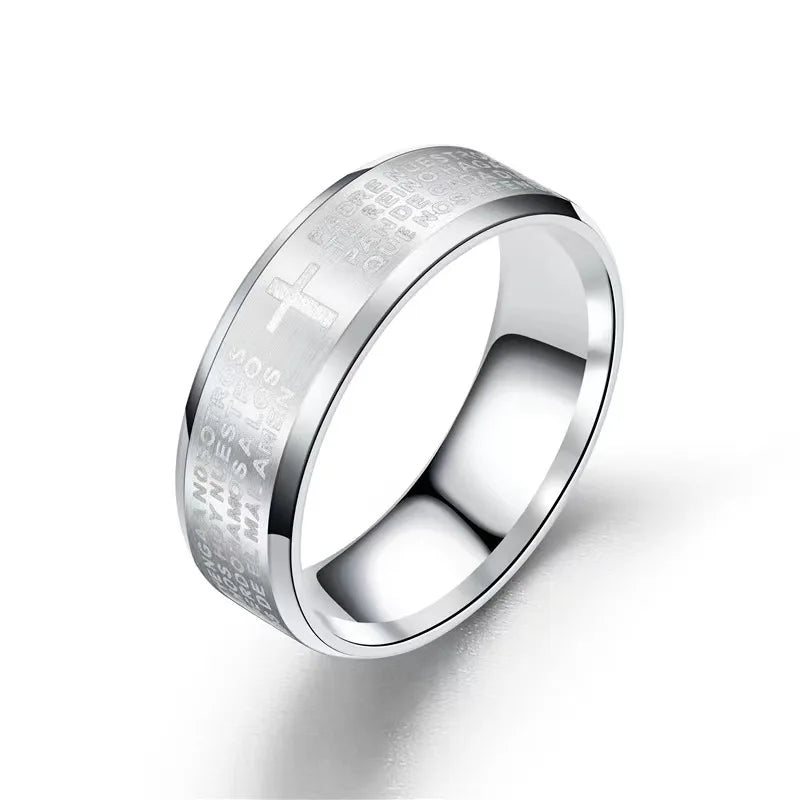 Bible Stainless Steel Ring Father Prayer Padre Nuestro Cross Rings 8mm