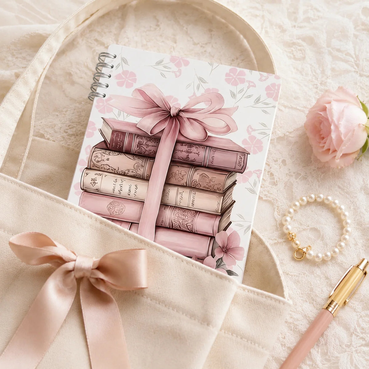 Vintage Floral Spiral Notebook Pink Book Stack Journal Planner for