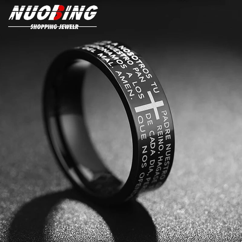 Black Jesus Men's Titanium Steel Bible Scripture Cross Jesus Ring