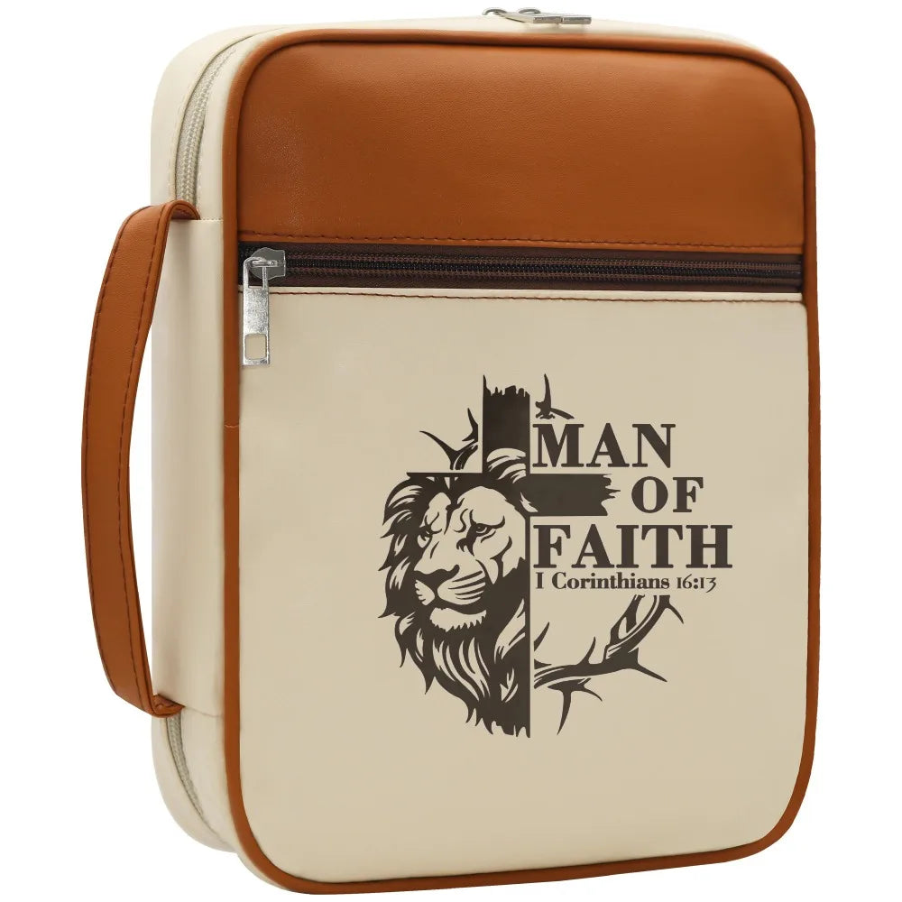 Bible Cover for Men with Handle, Man of Faith Lion Cross Print Zipper