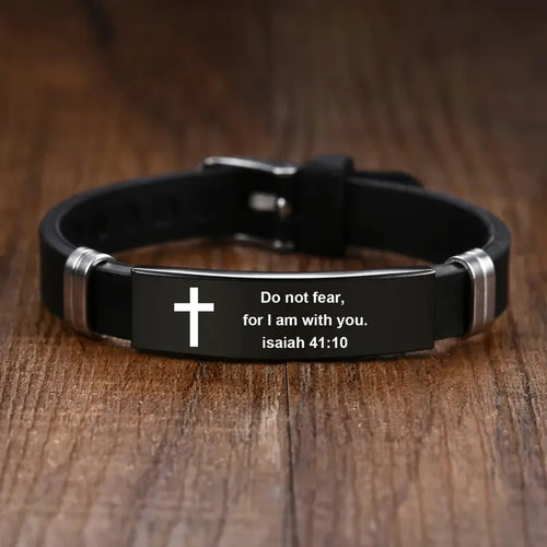 Christian Cross Bible Verse Bracelet Black Stainless Steel