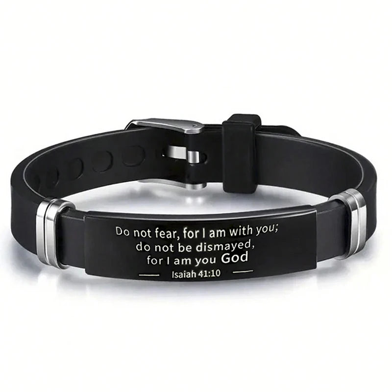 Religious Bible Verse Bracelet Black Stainless Steel Silicone