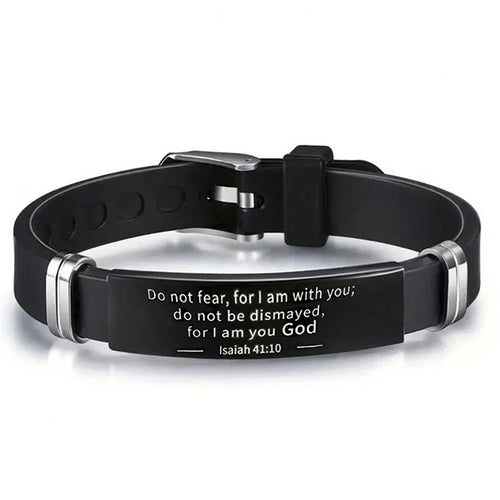 Religious Bible Verse Bracelet Black Stainless Steel Silicone