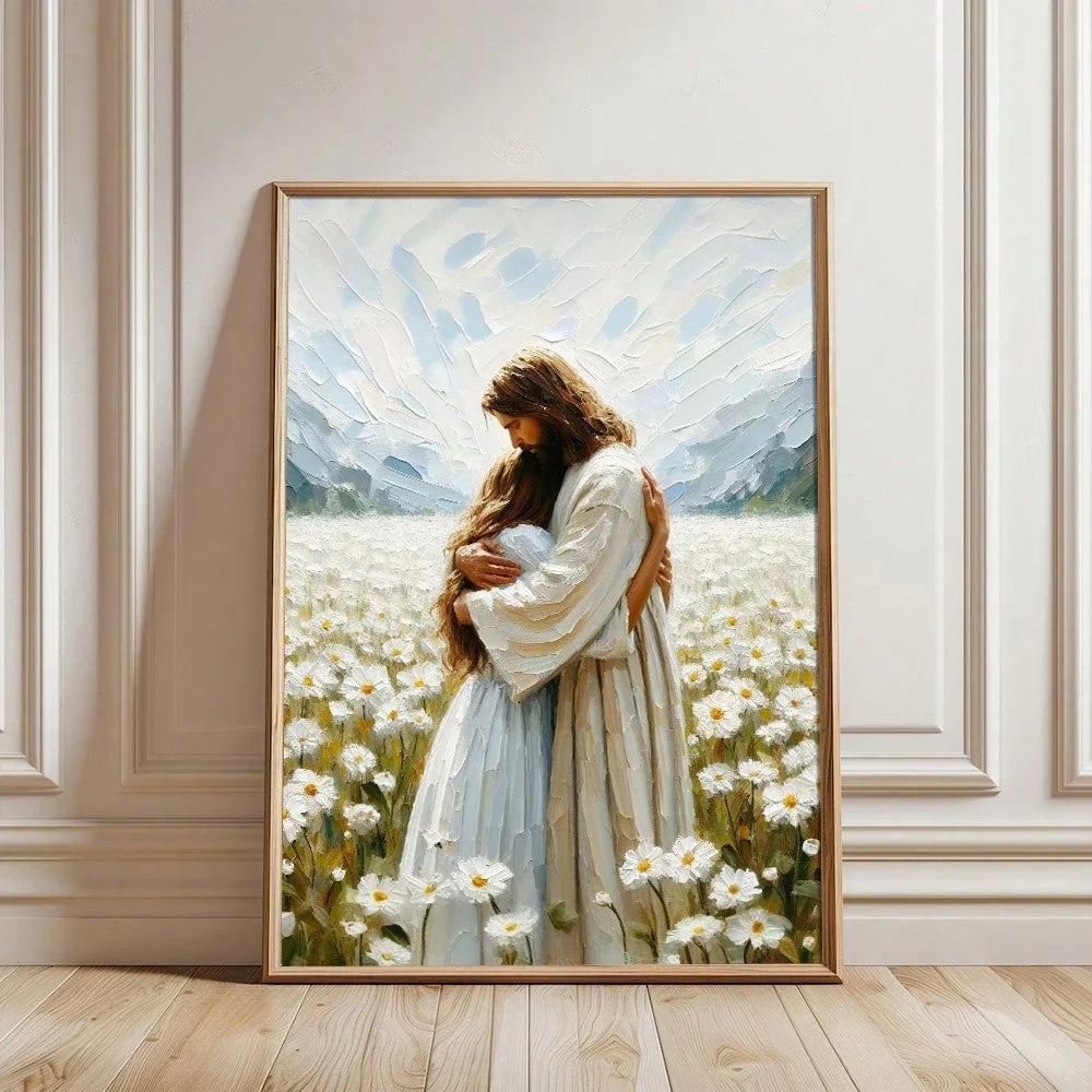 1pc Jesus Hugs Girl Canvas Painting Poster Bible Christian Art