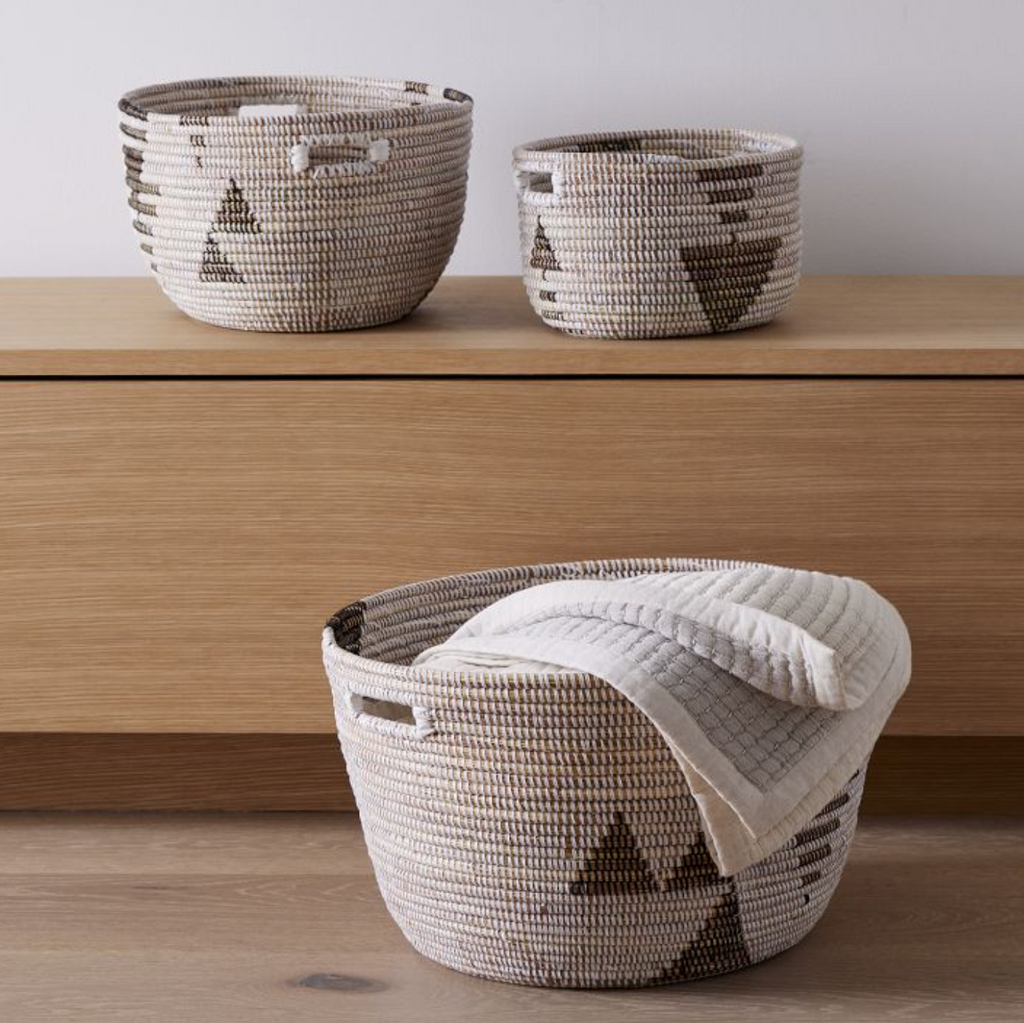 Senegal Oval Storage Baskets | Black & White Graphic | Set of 3 | Handwoven Millet Grass | Wolof Women | Mbare