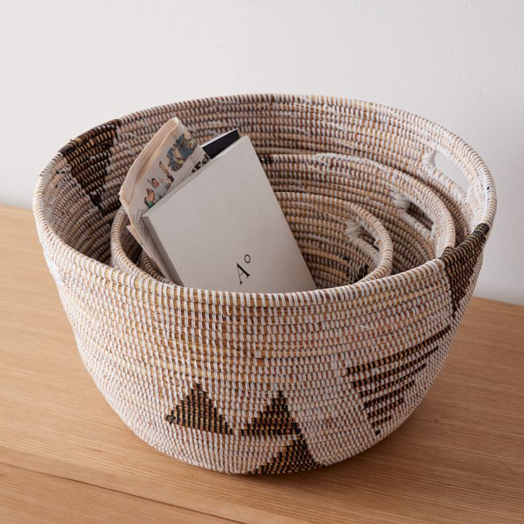 Senegal Oval Storage Baskets | Black & White Graphic | Set of 3 | Handwoven Millet Grass | Wolof Women | Mbare
