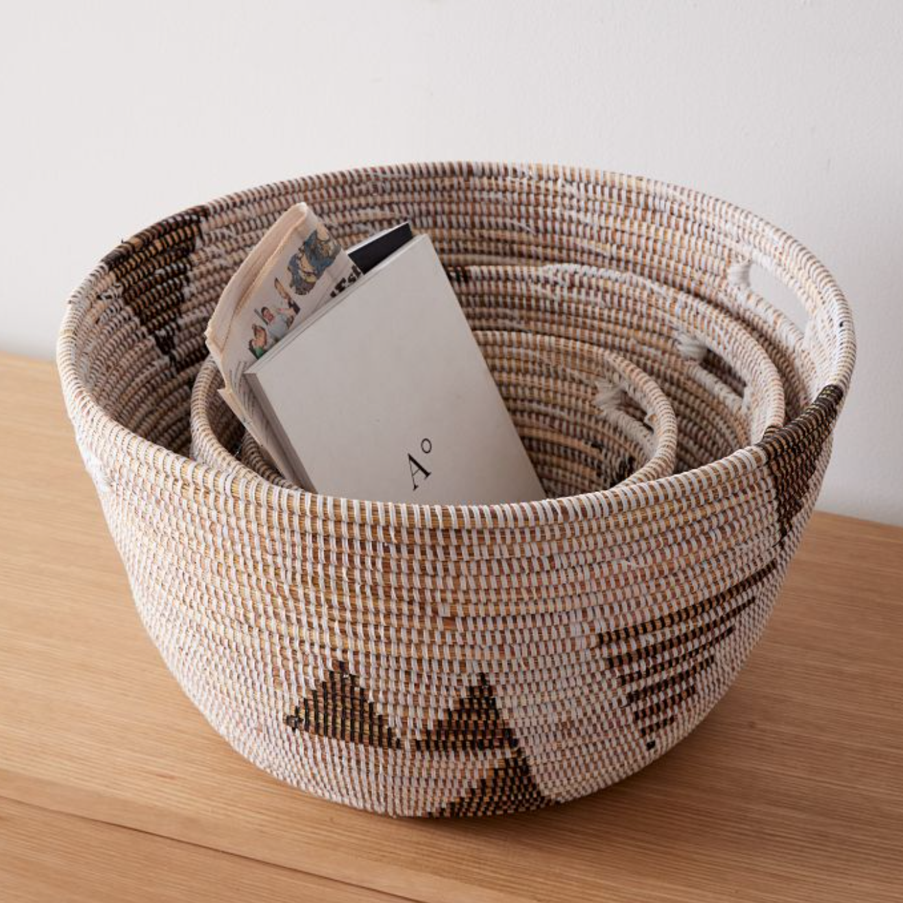 Senegal Oval Storage Baskets | Black & White Graphic | Set of 3 | Handwoven Millet Grass | Wolof Women | Mbare