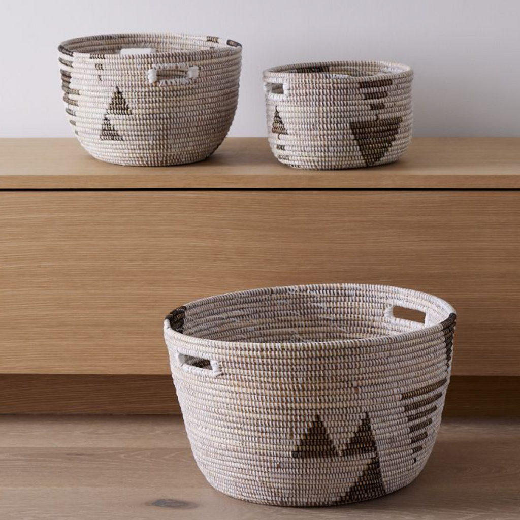 Senegal Oval Storage Baskets | Black & White Graphic | Set of 3 | Handwoven Millet Grass | Wolof Women | Mbare