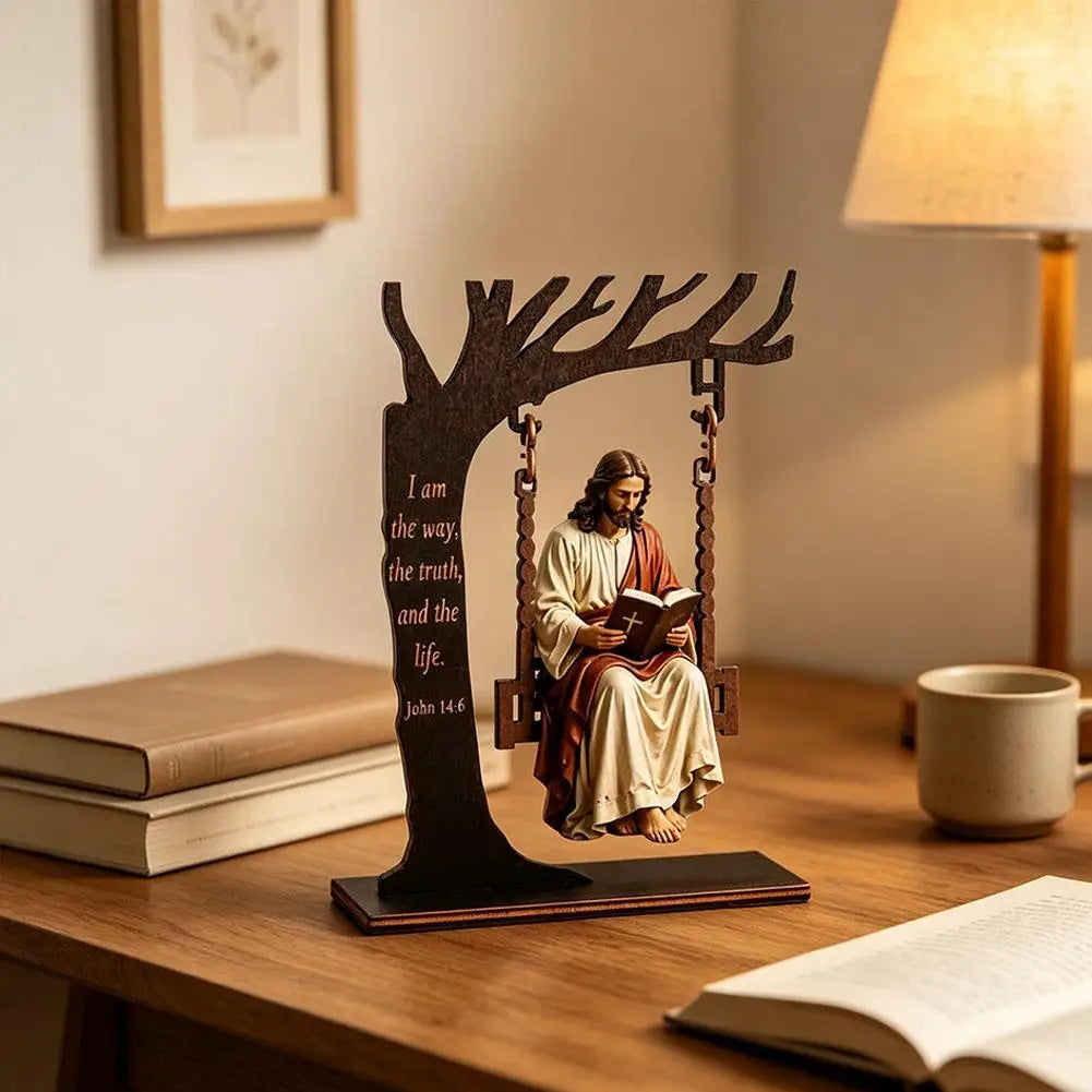 Christian Jesus Swing Tabletop Decoration Wooden Tree Frame With Bible