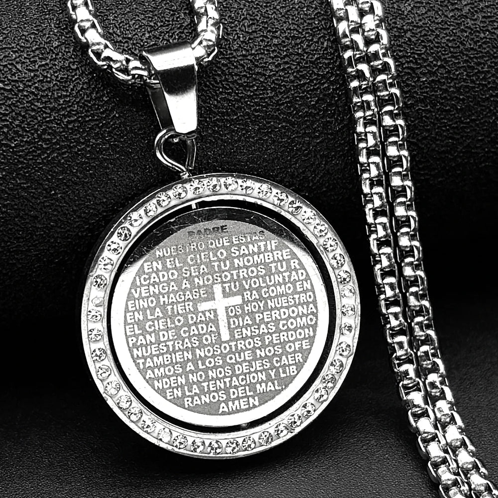 The Lord's Prayer God Jesus Cross Bible Spainsh Verse Necklace for