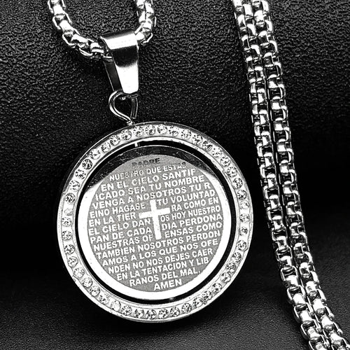 The Lord's Prayer God Jesus Cross Bible Spainsh Verse Necklace for