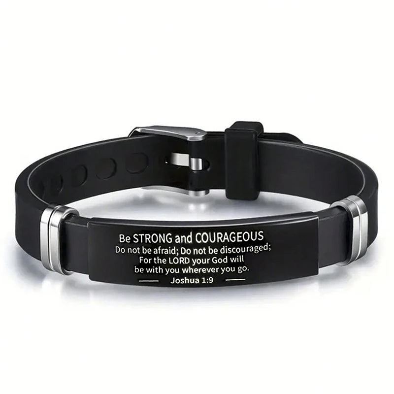Religious Bible Verse Bracelet Black Stainless Steel Silicone