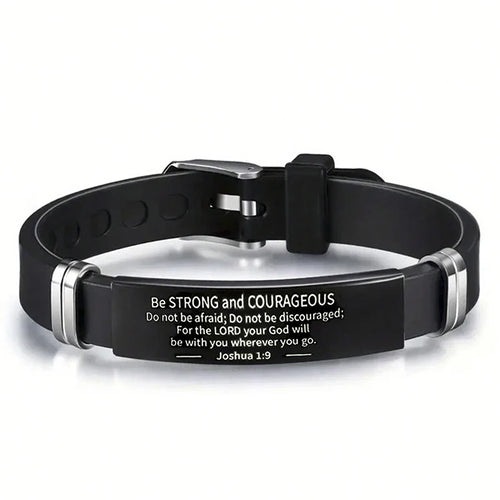 Religious Bible Verse Bracelet Black Stainless Steel Silicone