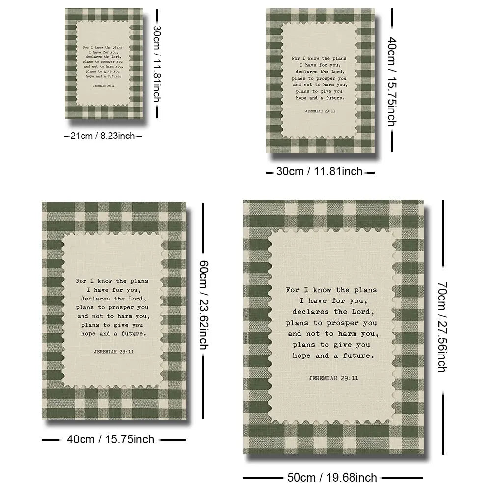 1pc Unframed Jeremiah 29:11 Bible Verse Canvas Green Gingham Christian